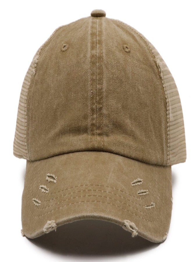 ProMindFun Womens Ponytail High Messy Bun Hats Distressed Baseball Caps Unconstructed Washed Dad Hat Girls Trucker Ponycaps (03-Light Khaki) - Image 4